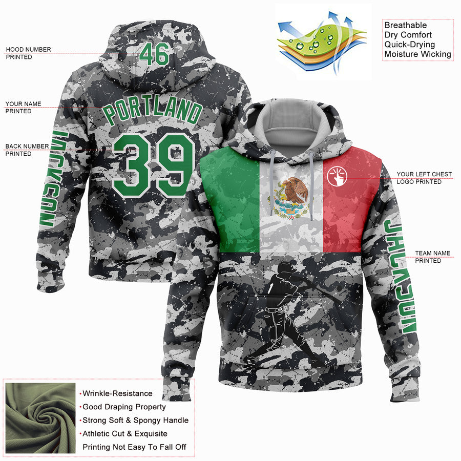 Custom Camo Kelly Green-White 3D Mexico Mexican Flag Sports Pullover Sweatshirt Salute To Service Hoodie