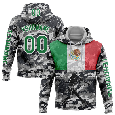 Custom Camo Kelly Green-White 3D Mexico Mexican Flag Sports Pullover Sweatshirt Salute To Service Hoodie