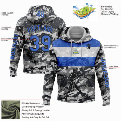 Custom Camo Powder Blue-Black 3D Nicaragua Nicaraguan Flag Sports Pullover Sweatshirt Salute To Service Hoodie