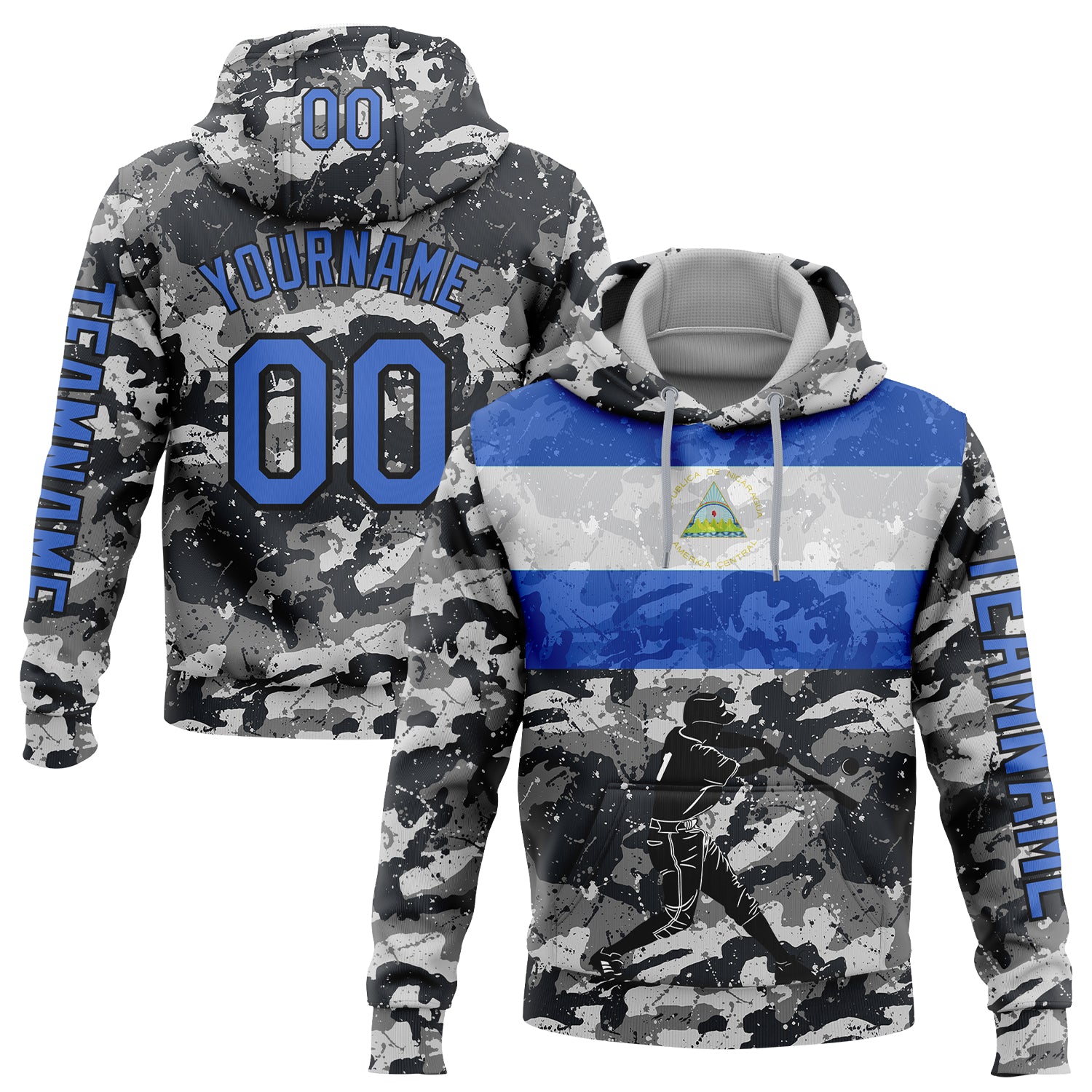 Custom Camo Powder Blue-Black 3D Nicaragua Nicaraguan Flag Sports Pullover Sweatshirt Salute To Service Hoodie