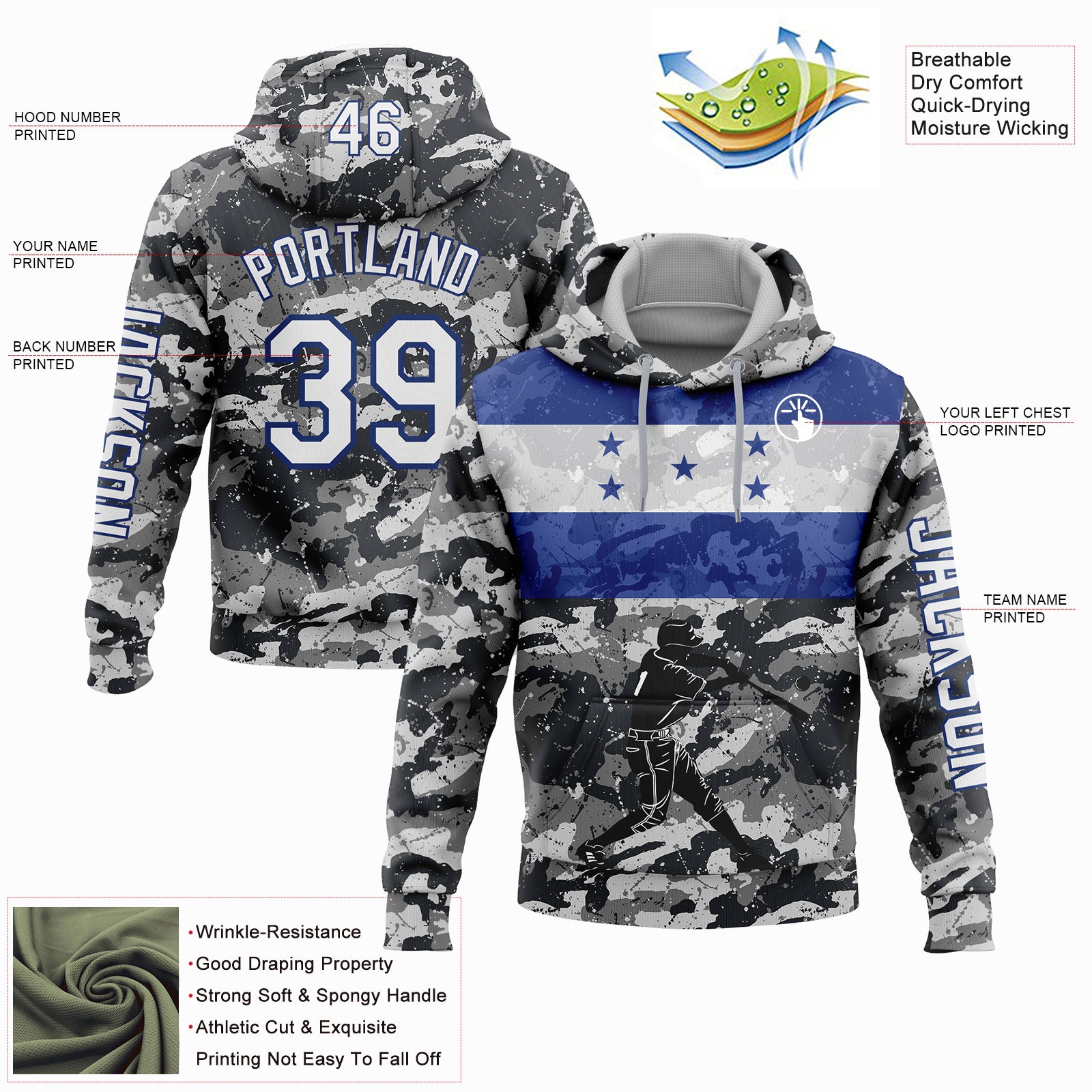 Custom Camo White-Royal 3D Honduras Honduran Flag Sports Pullover Sweatshirt Salute To Service Hoodie