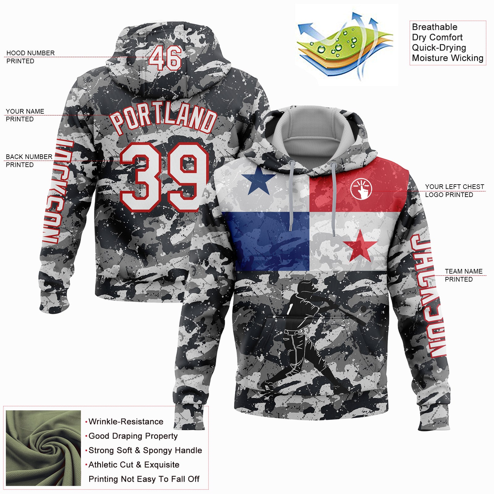 Custom Camo White-Red 3D Panama Panamanian Flag Sports Pullover Sweatshirt Salute To Service Hoodie