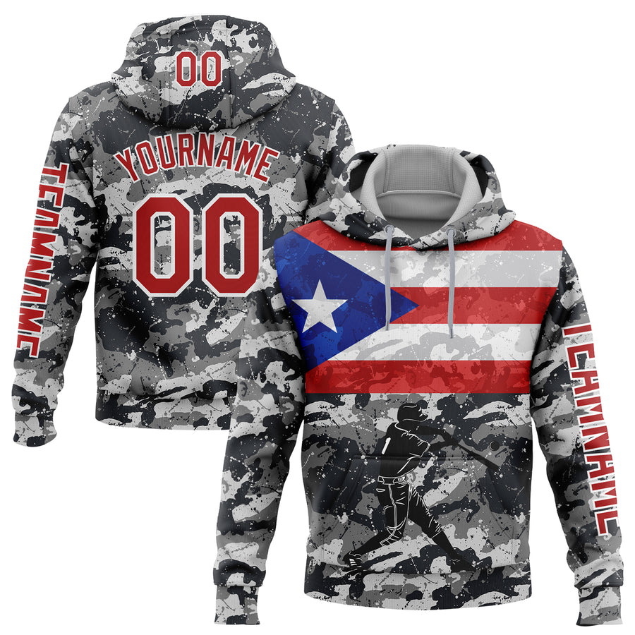 Custom Camo Red-White 3D Puerto Rico Puerto Rican Flag Sports Pullover Sweatshirt Salute To Service Hoodie