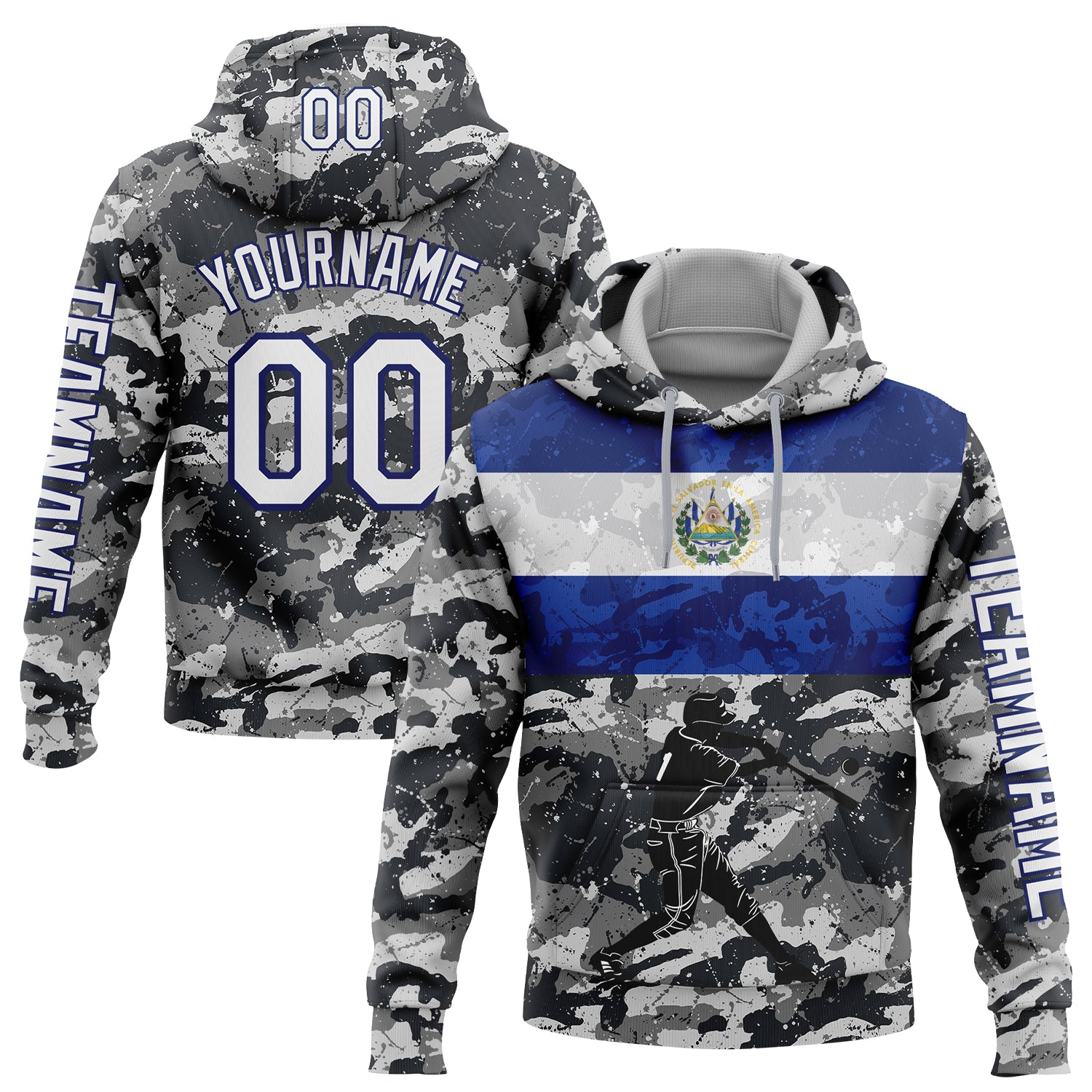 Custom Camo White-Navy 3D El Salvador El Salvadoran Flag Sports Pullover Sweatshirt Salute To Service Hoodie