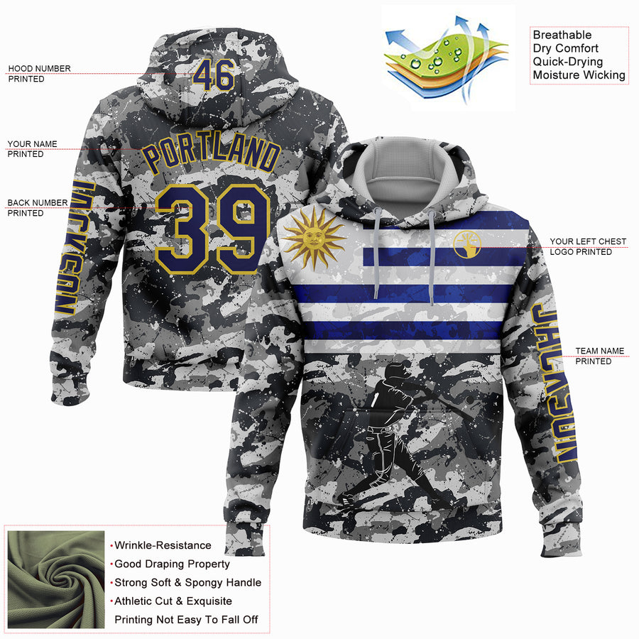 Custom Camo Navy-Yellow 3D Uruguay Uruguayan Flag Sports Pullover Sweatshirt Salute To Service Hoodie