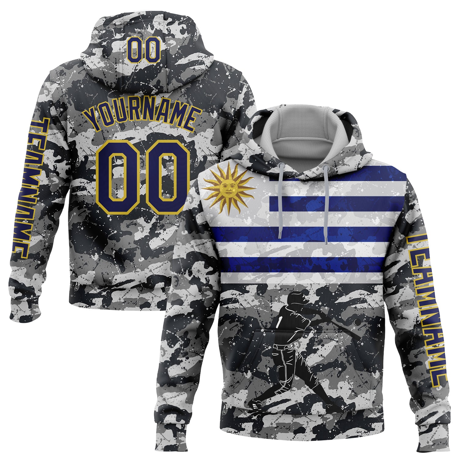 Custom Camo Navy-Yellow 3D Uruguay Uruguayan Flag Sports Pullover Sweatshirt Salute To Service Hoodie