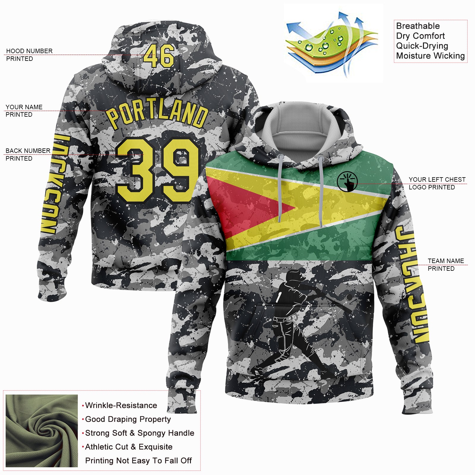 Custom Camo Light Yellow-Black 3D Guyana Flag Sports Pullover Sweatshirt Salute To Service Hoodie