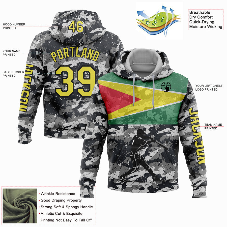 Custom Camo Light Yellow-Black 3D Guyana Flag Sports Pullover Sweatshirt Salute To Service Hoodie
