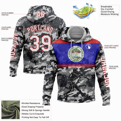 Custom Camo White-Red 3D Belize Belizean Flag Sports Pullover Sweatshirt Salute To Service Hoodie