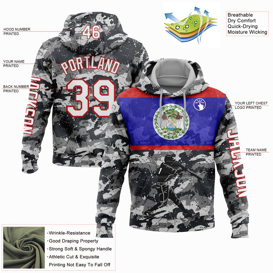 Custom Camo White-Red 3D Belize Belizean Flag Sports Pullover Sweatshirt Salute To Service Hoodie