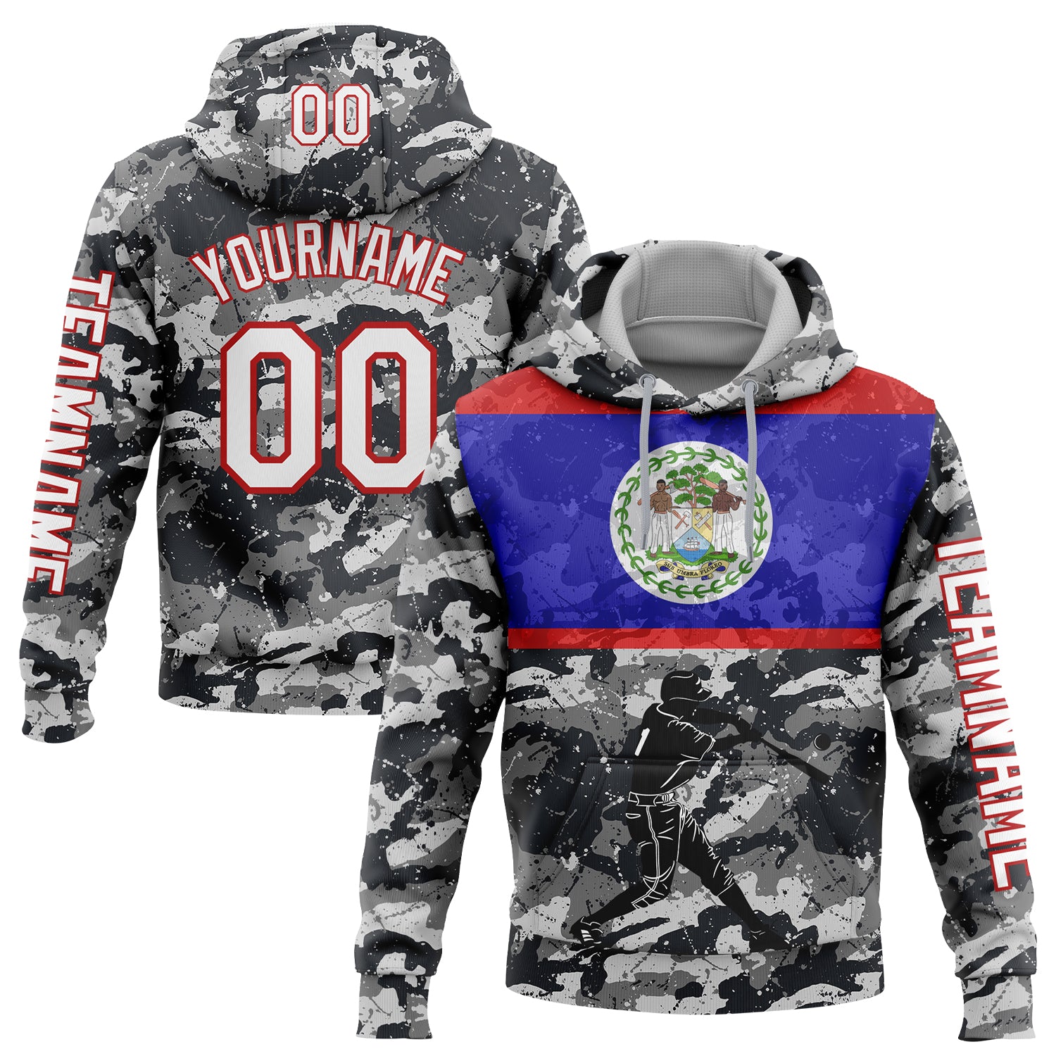 Custom Camo White-Red 3D Belize Belizean Flag Sports Pullover Sweatshirt Salute To Service Hoodie