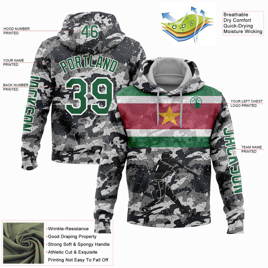 Custom Camo Kelly Green-White 3D Suriname Surinamese Flag Sports Pullover Sweatshirt Salute To Service Hoodie