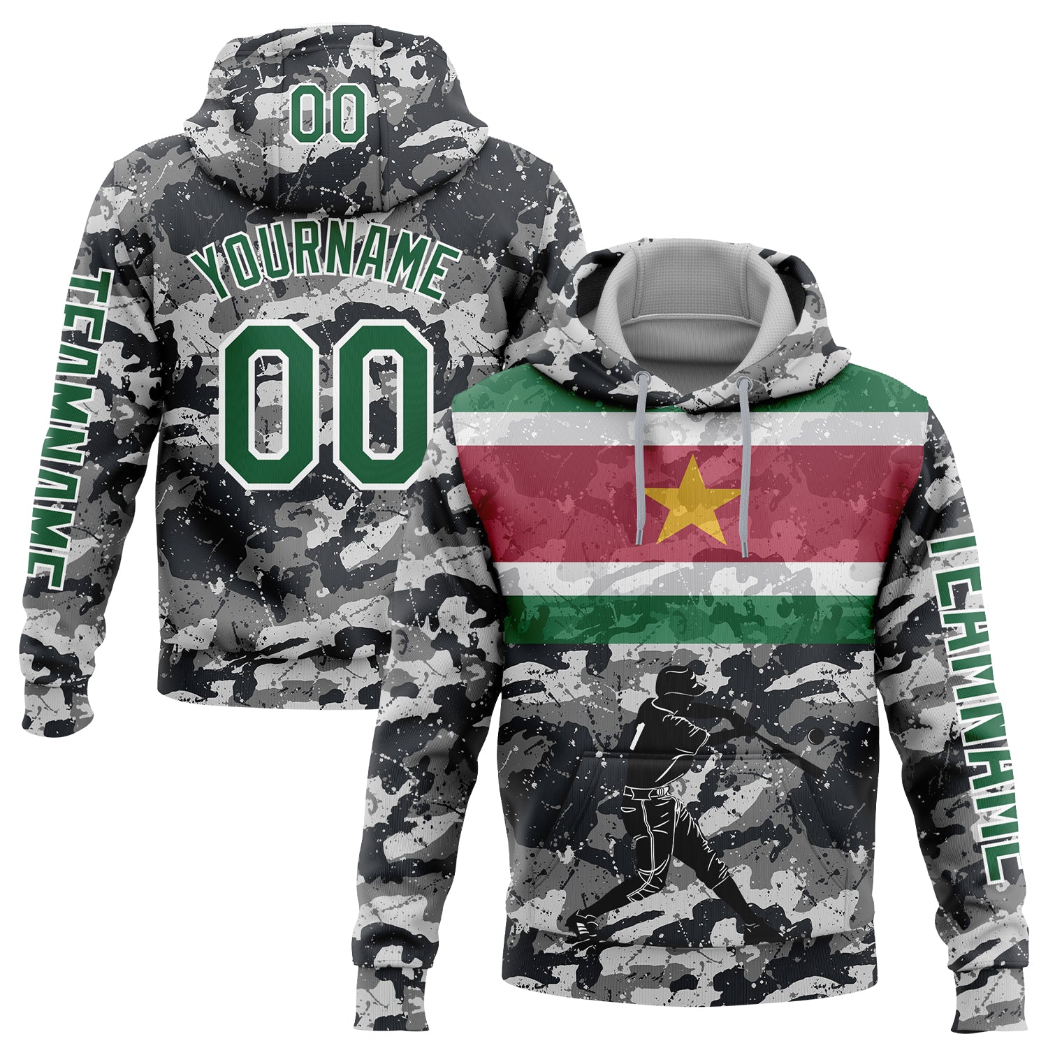 Custom Camo Kelly Green-White 3D Suriname Surinamese Flag Sports Pullover Sweatshirt Salute To Service Hoodie