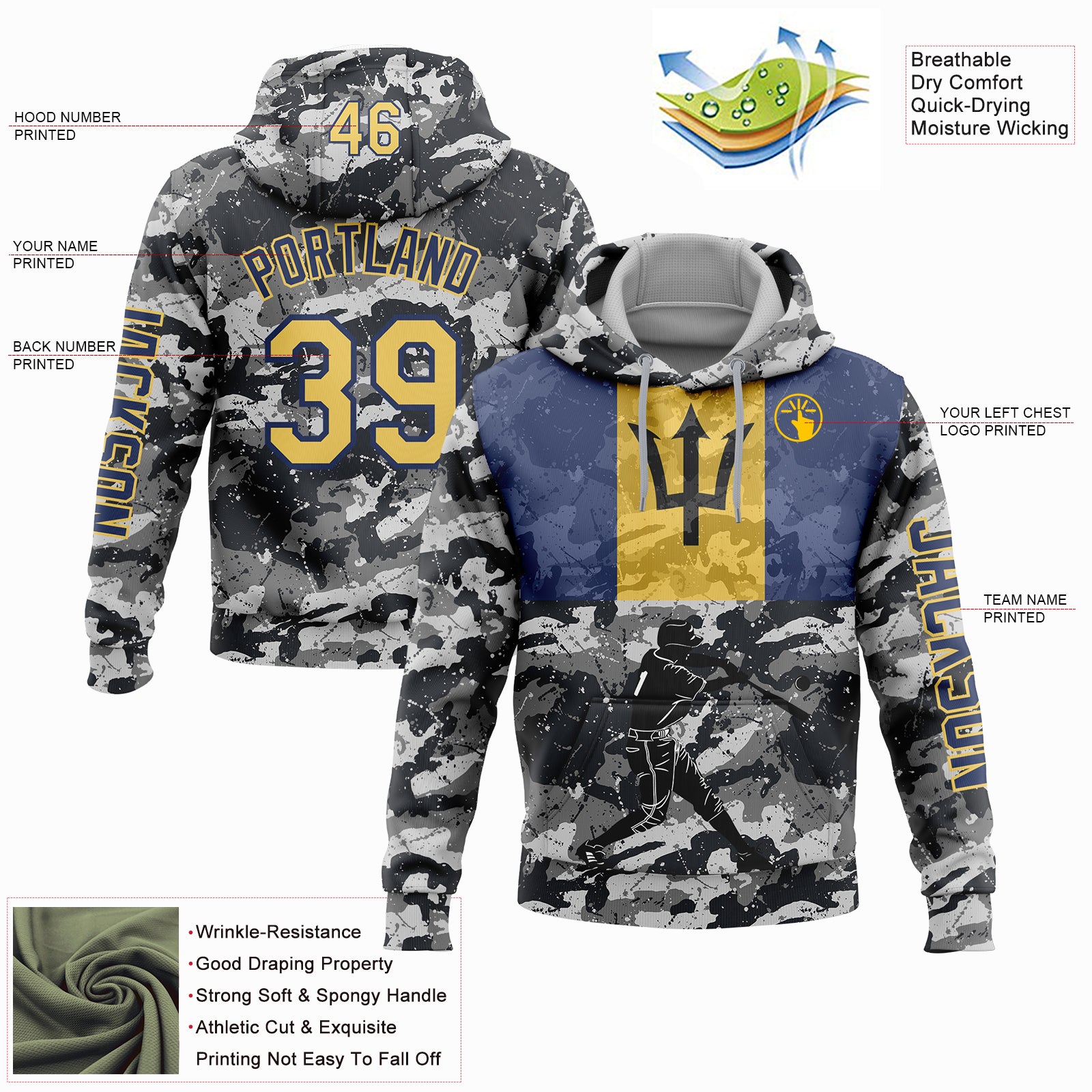 Custom Camo Yellow-Navy 3D Barbados Barbadian Flag Sports Pullover Sweatshirt Salute To Service Hoodie