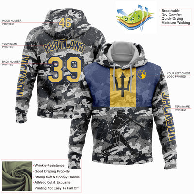 Custom Camo Yellow-Navy 3D Barbados Barbadian Flag Sports Pullover Sweatshirt Salute To Service Hoodie