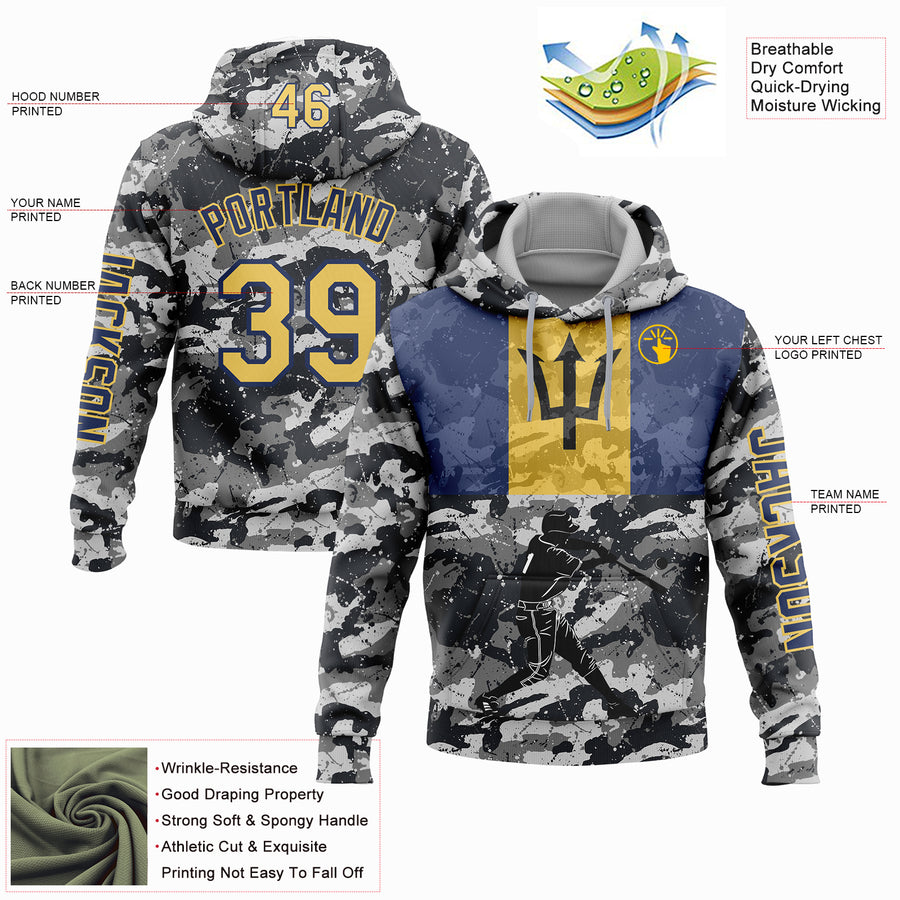 Custom Camo Yellow-Navy 3D Barbados Barbadian Flag Sports Pullover Sweatshirt Salute To Service Hoodie