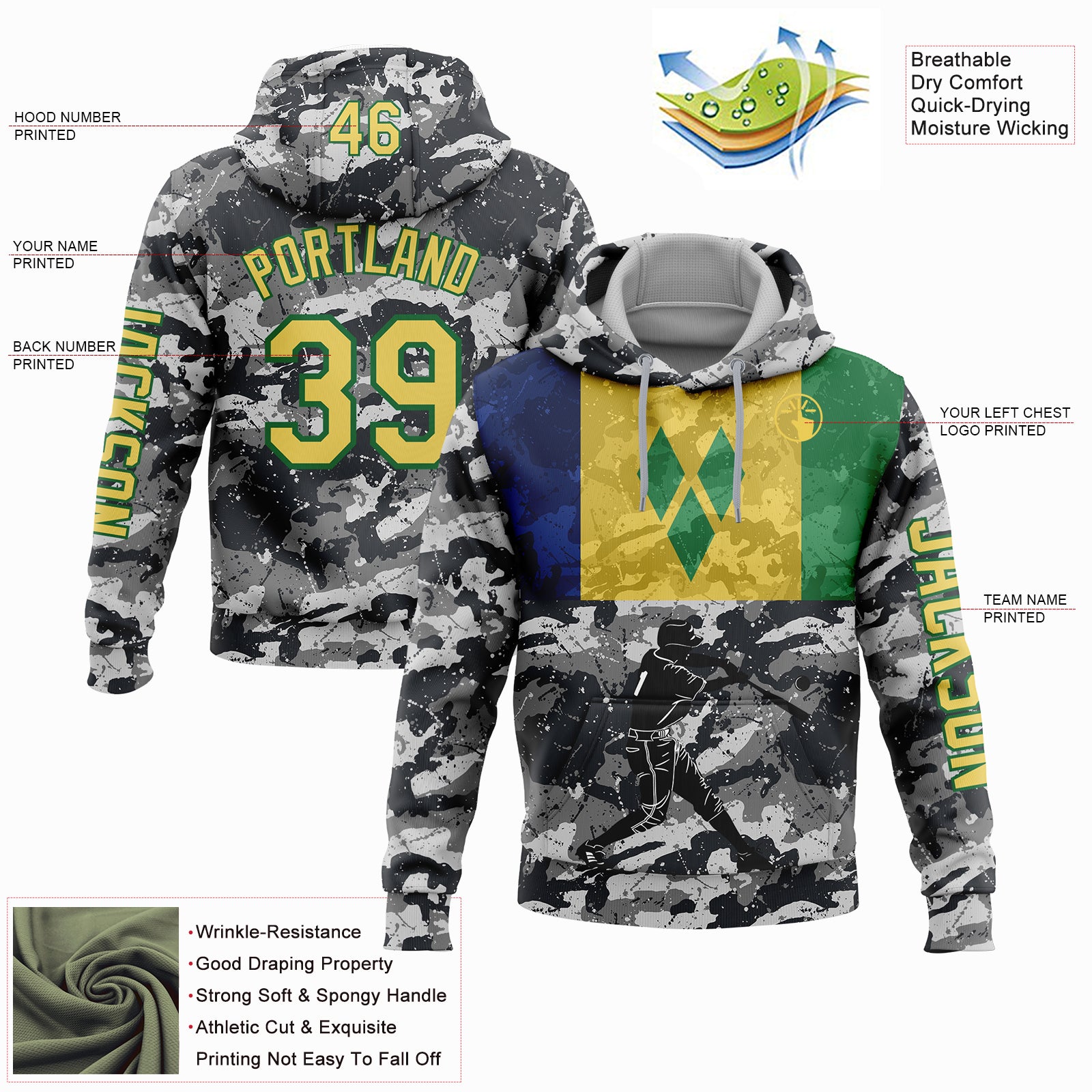 Custom Camo Yellow-Grass Green 3D Saint Vincent And The Grenadines Flag Sports Pullover Sweatshirt Salute To Service Hoodie