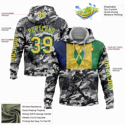 Custom Camo Yellow-Grass Green 3D Saint Vincent And The Grenadines Flag Sports Pullover Sweatshirt Salute To Service Hoodie