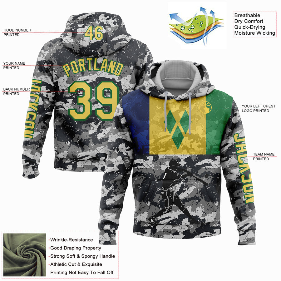 Custom Camo Yellow-Grass Green 3D Saint Vincent And The Grenadines Flag Sports Pullover Sweatshirt Salute To Service Hoodie