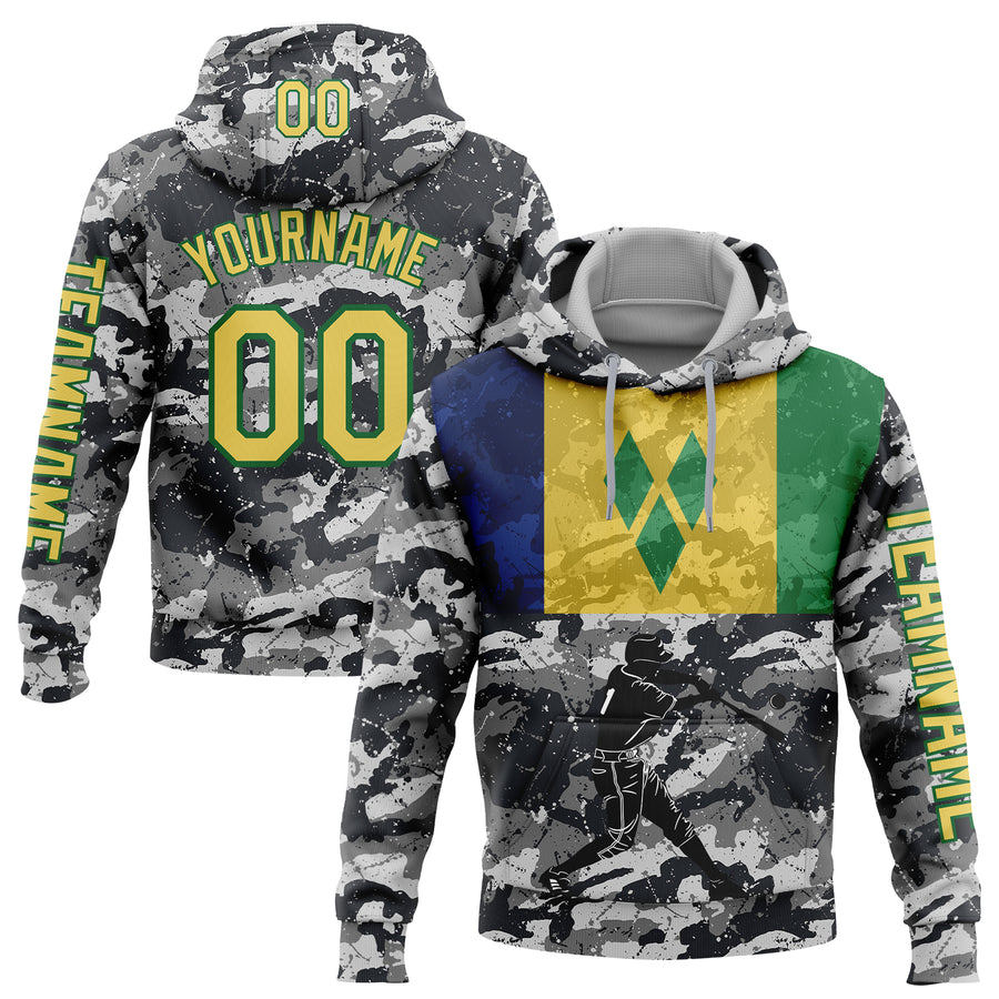 Custom Camo Yellow-Grass Green 3D Saint Vincent And The Grenadines Flag Sports Pullover Sweatshirt Salute To Service Hoodie