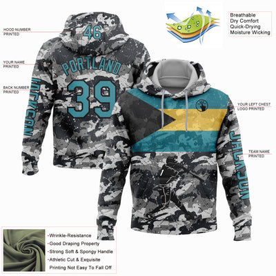 Custom Camo Teal-Black 3D Bahamas Bahamian Flag Sports Pullover Sweatshirt Salute To Service Hoodie