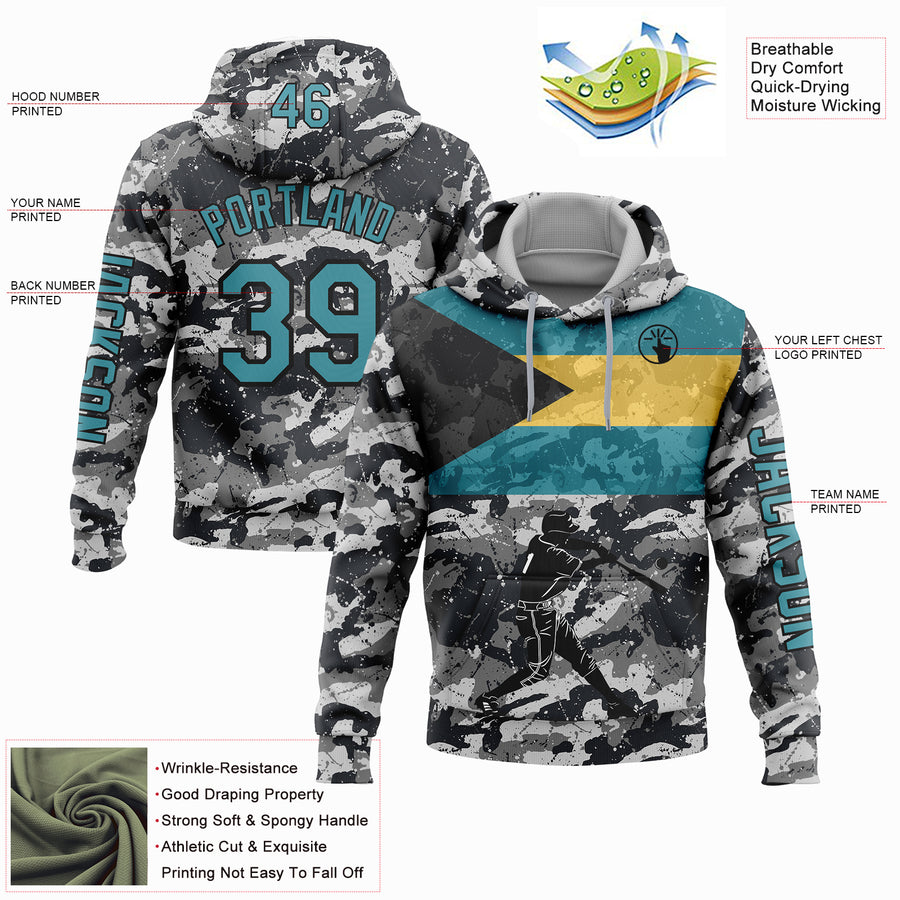 Custom Camo Teal-Black 3D Bahamas Bahamian Flag Sports Pullover Sweatshirt Salute To Service Hoodie