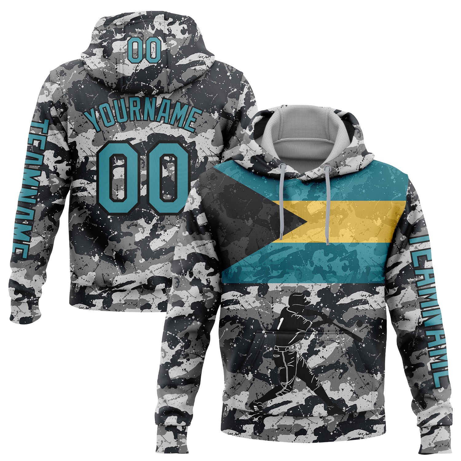Custom Camo Teal-Black 3D Bahamas Bahamian Flag Sports Pullover Sweatshirt Salute To Service Hoodie