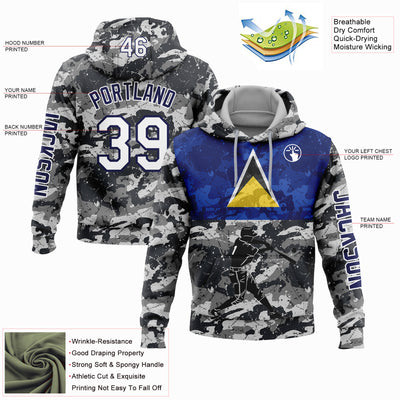 Custom Camo White-Navy 3D Saint Lucia Saint Lucian Flag Sports Pullover Sweatshirt Salute To Service Hoodie