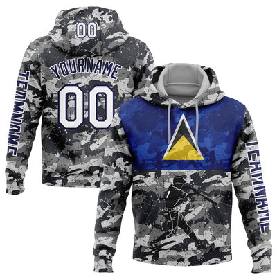 Custom Camo White-Navy 3D Saint Lucia Saint Lucian Flag Sports Pullover Sweatshirt Salute To Service Hoodie