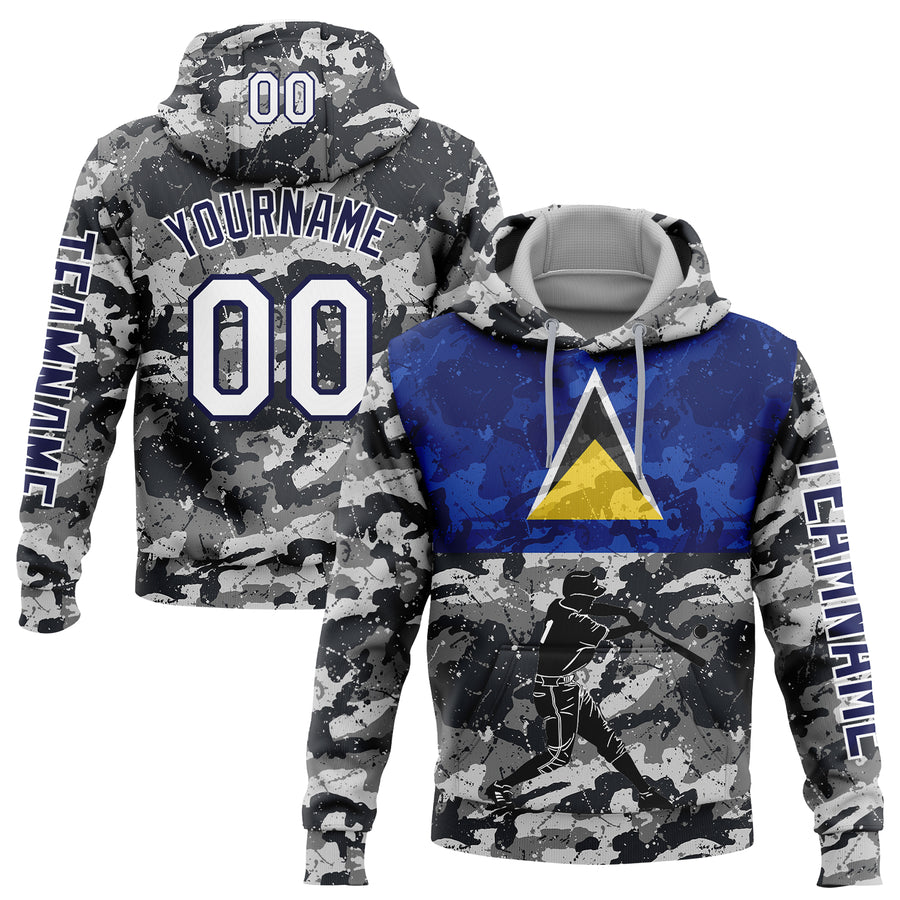 Custom Camo White-Navy 3D Saint Lucia Saint Lucian Flag Sports Pullover Sweatshirt Salute To Service Hoodie