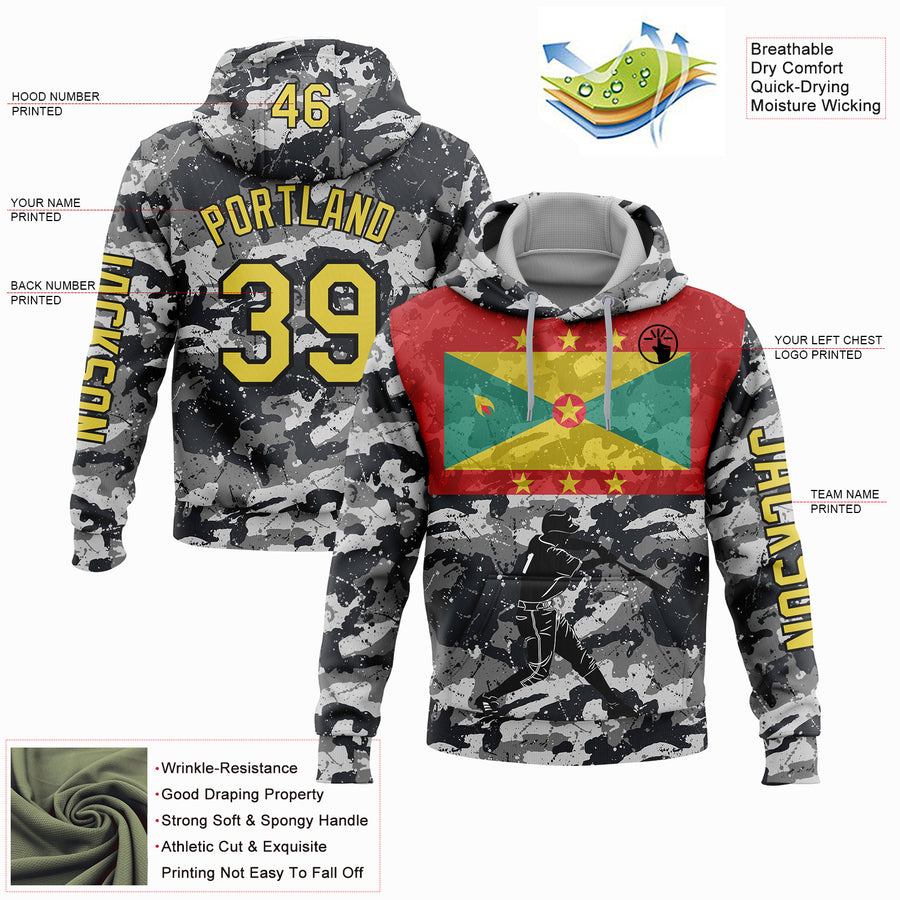 Custom Camo Yellow-Black 3D Grenada Grenadian Flag Sports Pullover Sweatshirt Salute To Service Hoodie