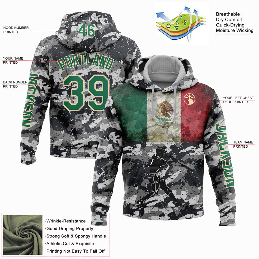 Custom Camo Kelly Green-Cream 3D Mexico Vintage Mexican Flag Sports Pullover Sweatshirt Salute To Service Hoodie