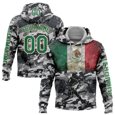 Custom Camo Kelly Green-Cream 3D Mexico Vintage Mexican Flag Sports Pullover Sweatshirt Salute To Service Hoodie