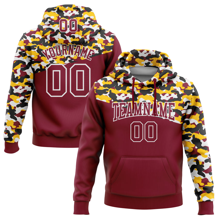Custom Stitched Camo Crimson Black-Yellow 3D Sports Pullover Sweatshirt Salute To Service Hoodie