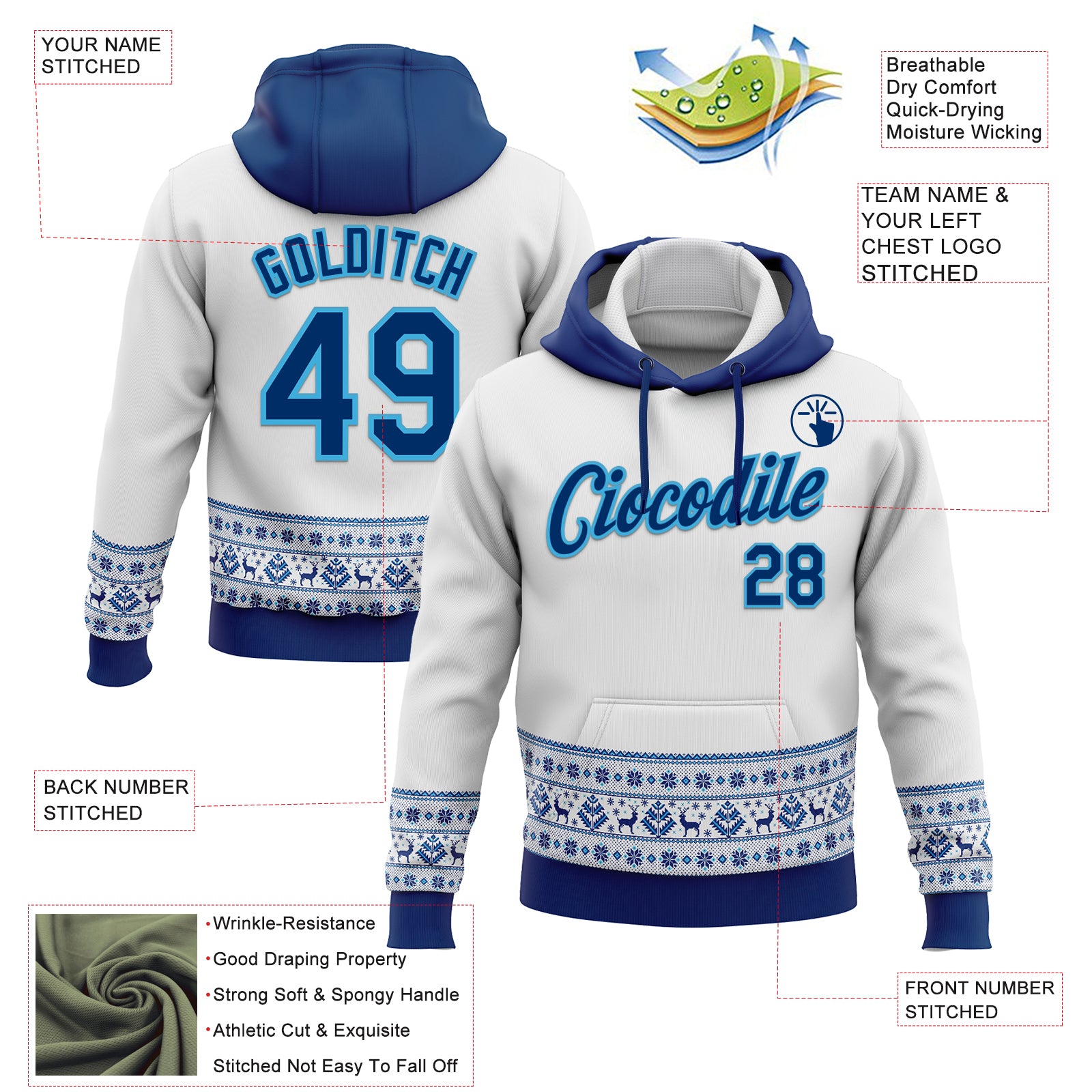 Custom Stitched White US Navy Blue-Sky Blue Christmas 3D Sports Pullover Sweatshirt Hoodie