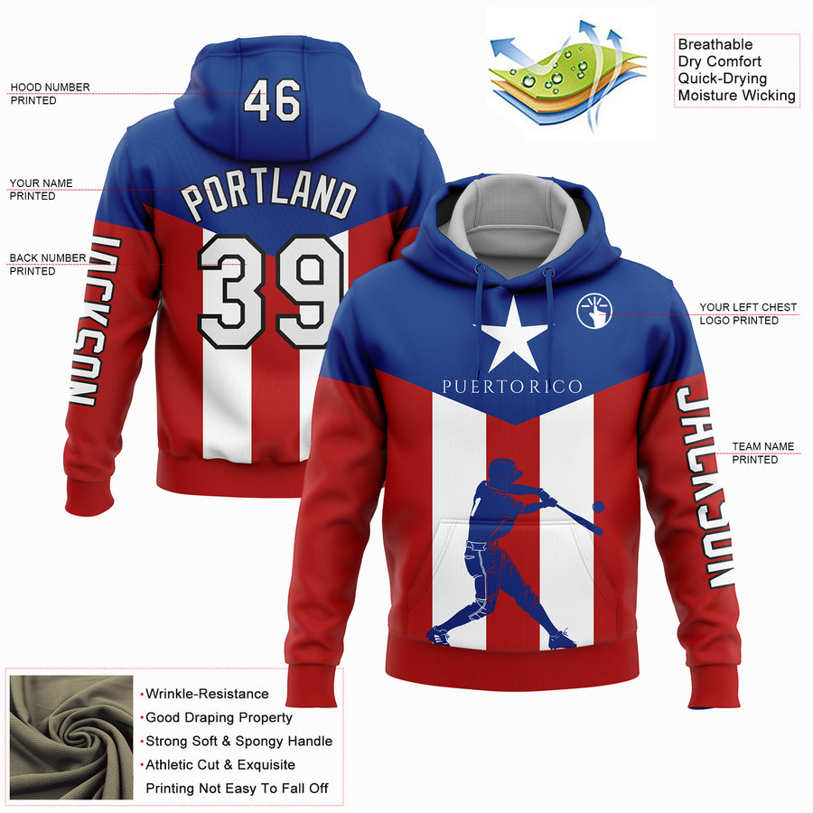 Custom Red Royal-Black 3D Puerto Rico Puerto Rican Flag Sports Pullover Sweatshirt Hoodie