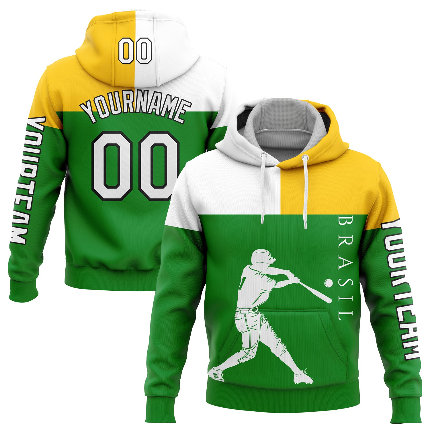 Custom Grass Green Yellow-Black 3D Brasil Brazilian Flag Sports Pullover Sweatshirt Hoodie