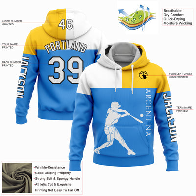 Custom Powder Blue Yellow-Black 3D Argentina Argentinian Flag Sports Pullover Sweatshirt Hoodie