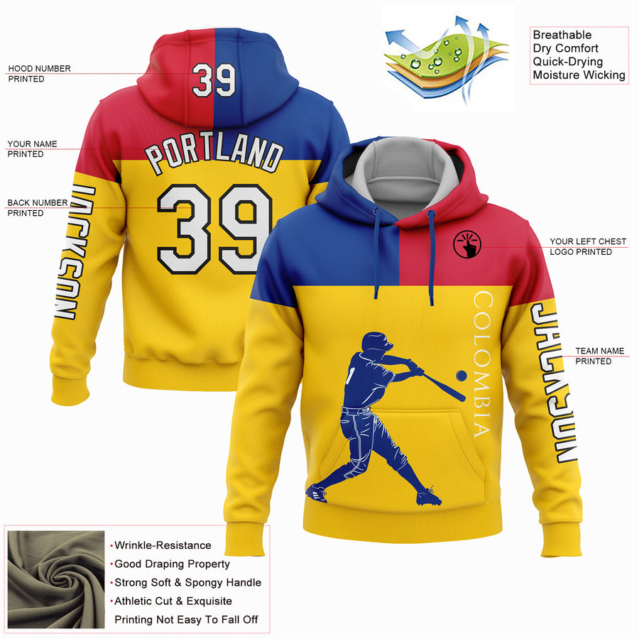 Custom Gold Royal Red-Black 3D Colombia Colombian Flag Sports Pullover Sweatshirt Hoodie