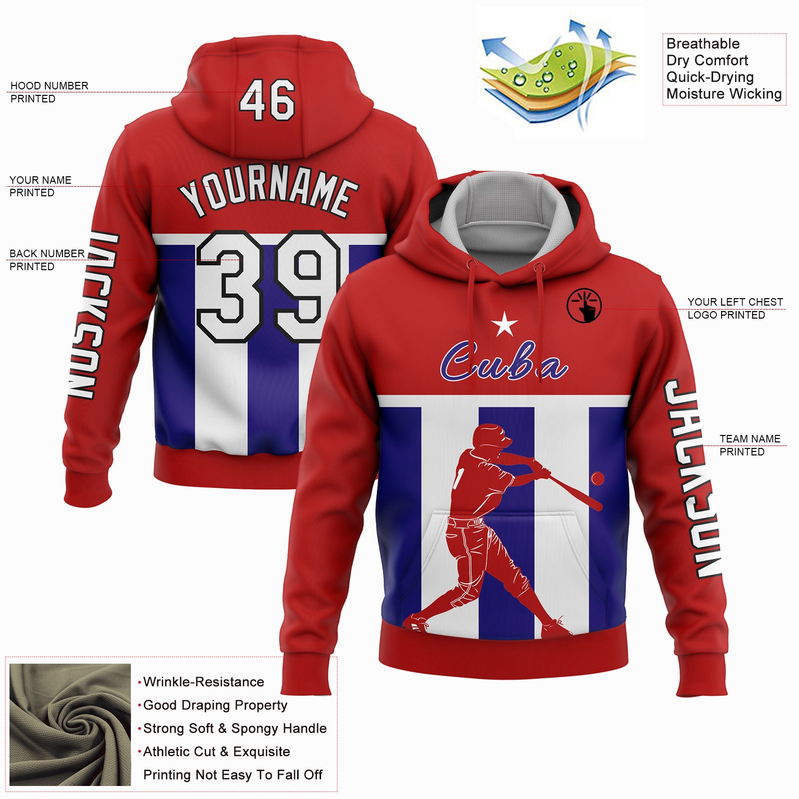 Custom Red Dark Purple-Black 3D Costa Cuba Cuban Flag Sports Pullover Sweatshirt Hoodie