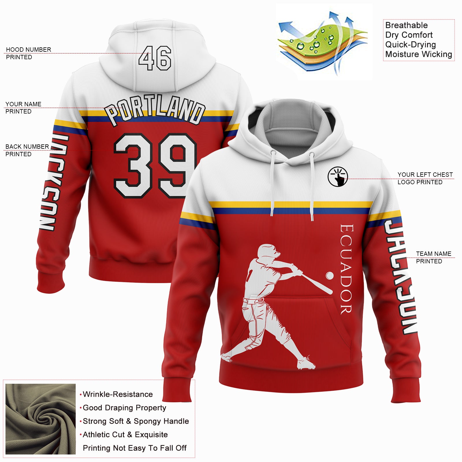 Custom Red Yellow Royal-Black 3D Ecuador Ecuadorian Flag Sports Pullover Sweatshirt Hoodie