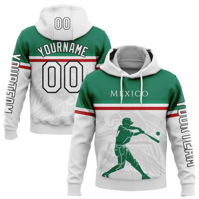 Custom White Kelly Green Red-Black 3D Mexico Mexican Flag Sports Pullover Sweatshirt Hoodie