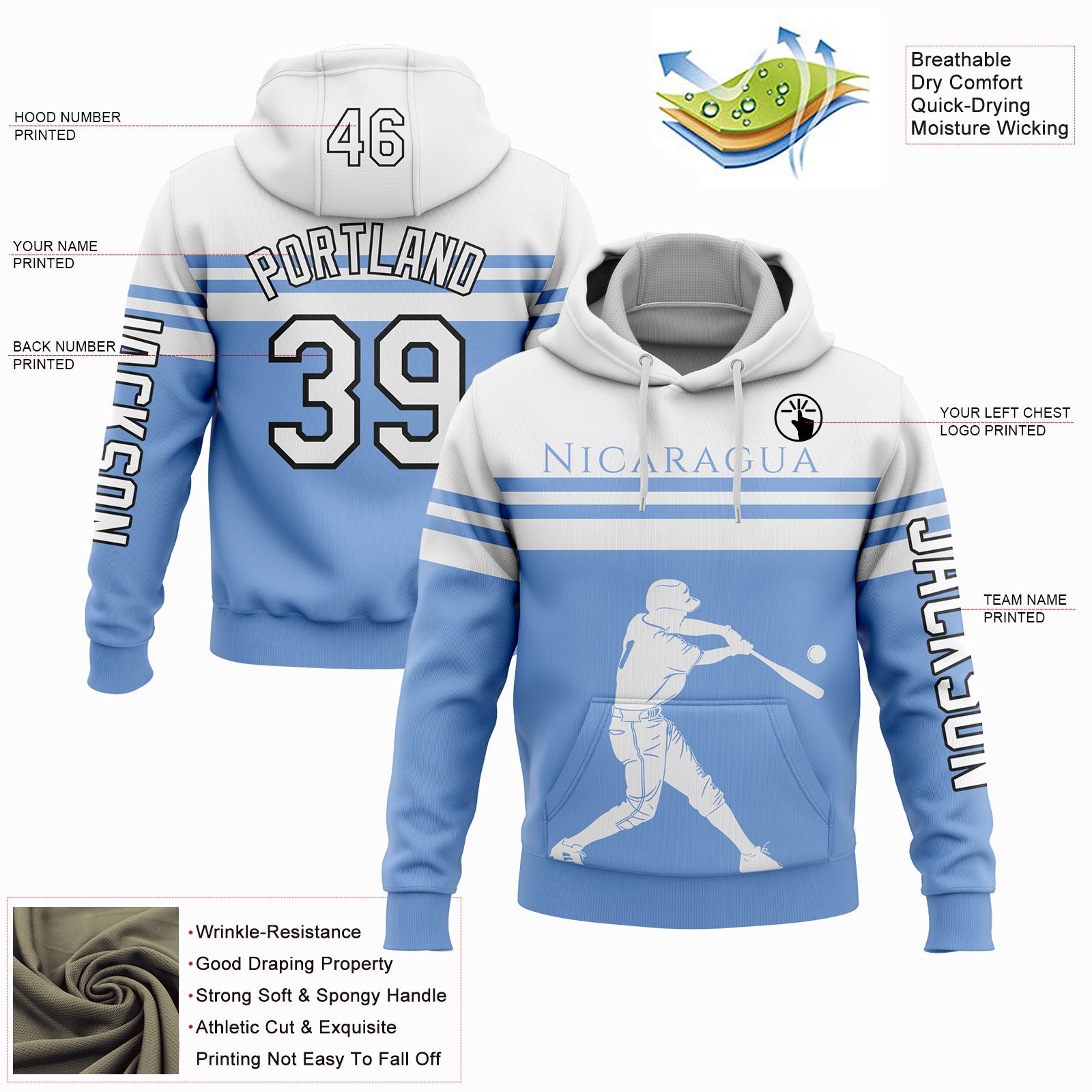 Custom Light Blue White-Black 3D Nicaragua Nicaraguan Flag Sports Pullover Sweatshirt Hoodie