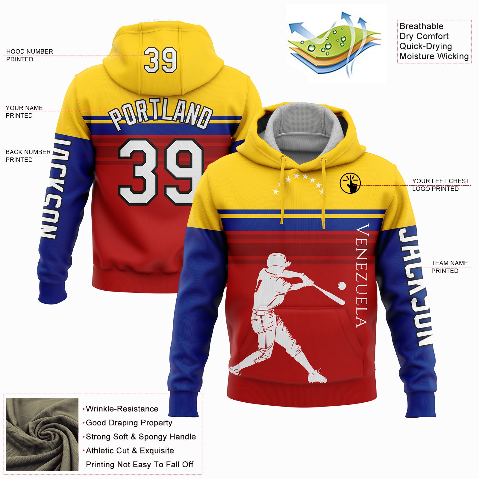 Custom Red Gold Royal-Black 3D Venezuela Venezuelan Flag Sports Pullover Sweatshirt Hoodie