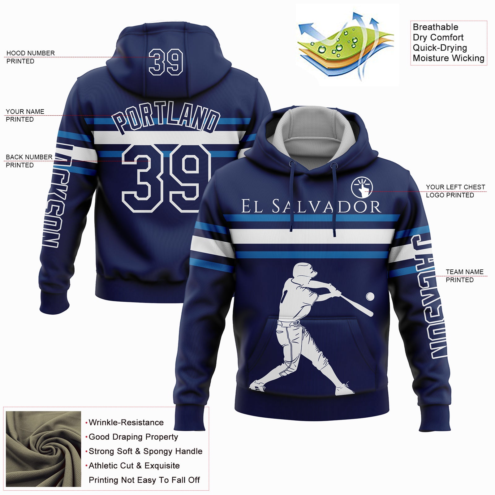 Custom Navy Blue-White 3D El Salvador El Salvadoran Flag Sports Pullover Sweatshirt Hoodie