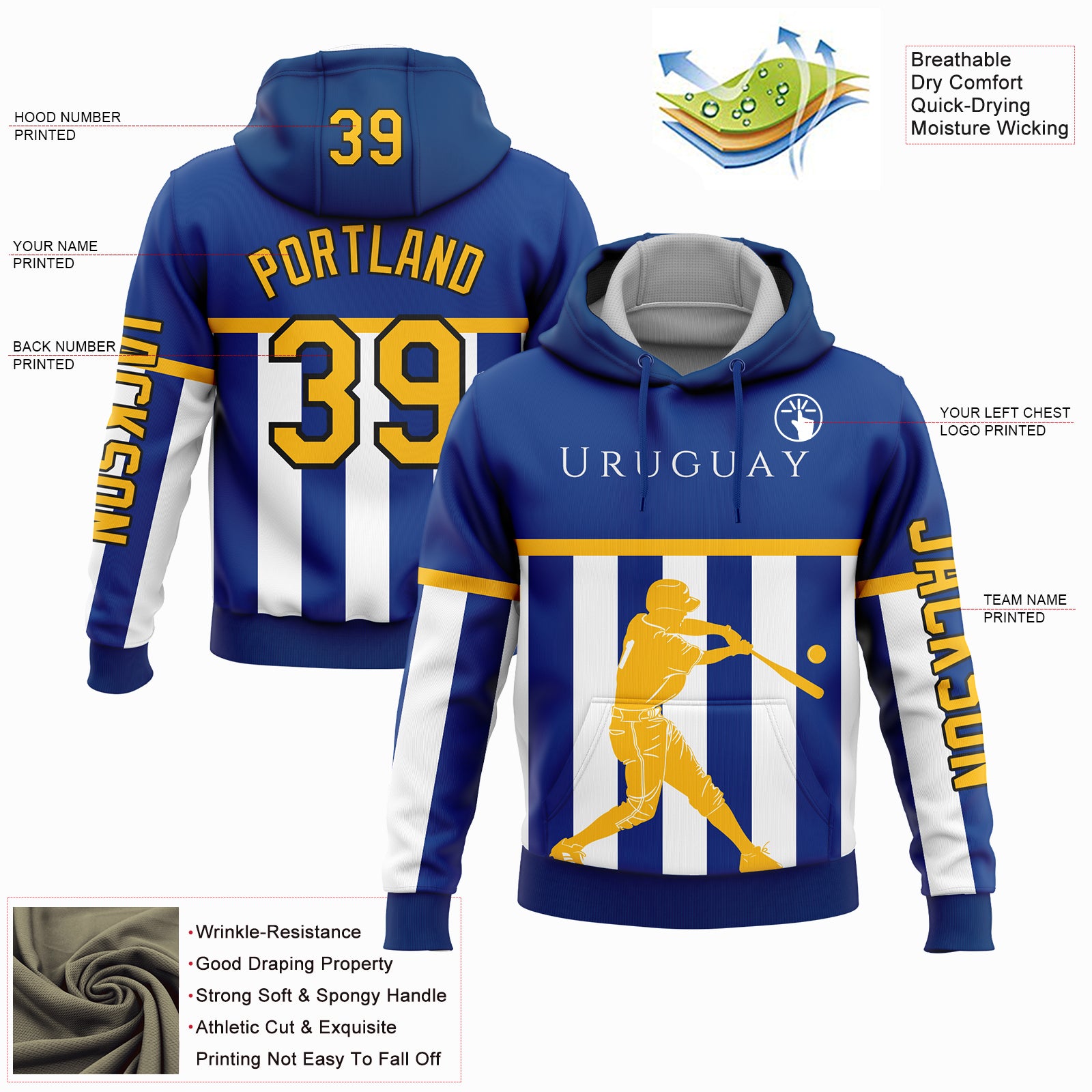 Custom Royal Gold-Black 3D Uruguay Uruguayan Flag Sports Pullover Sweatshirt Hoodie