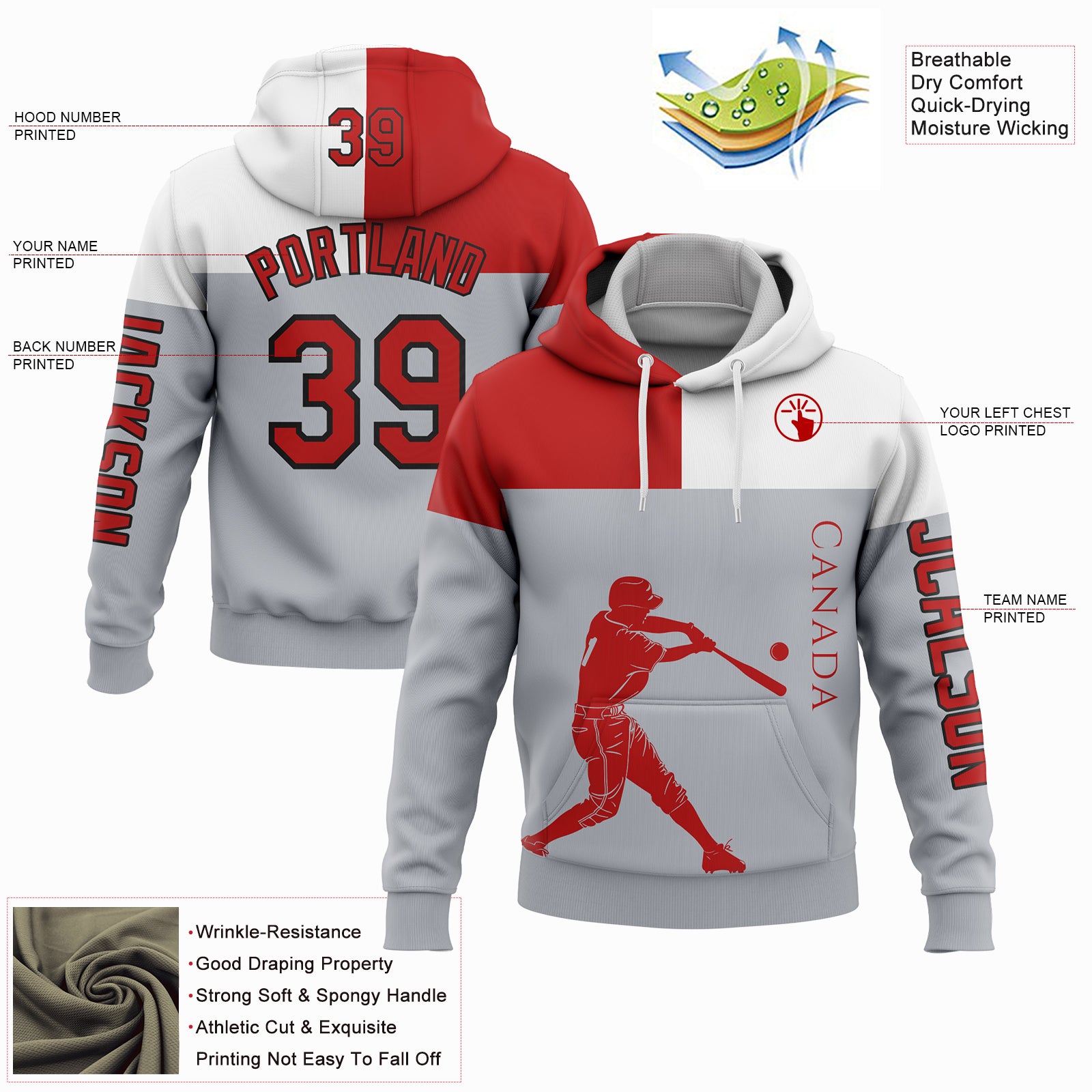 Custom Gray Red Fire Red-Black 3D Canada Canadian Flag Sports Pullover Sweatshirt Hoodie