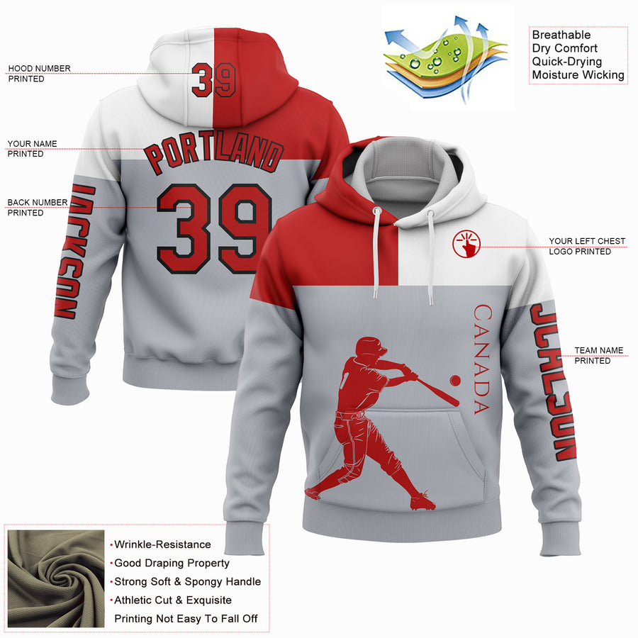 Custom Gray Red Fire Red-Black 3D Canada Canadian Flag Sports Pullover Sweatshirt Hoodie