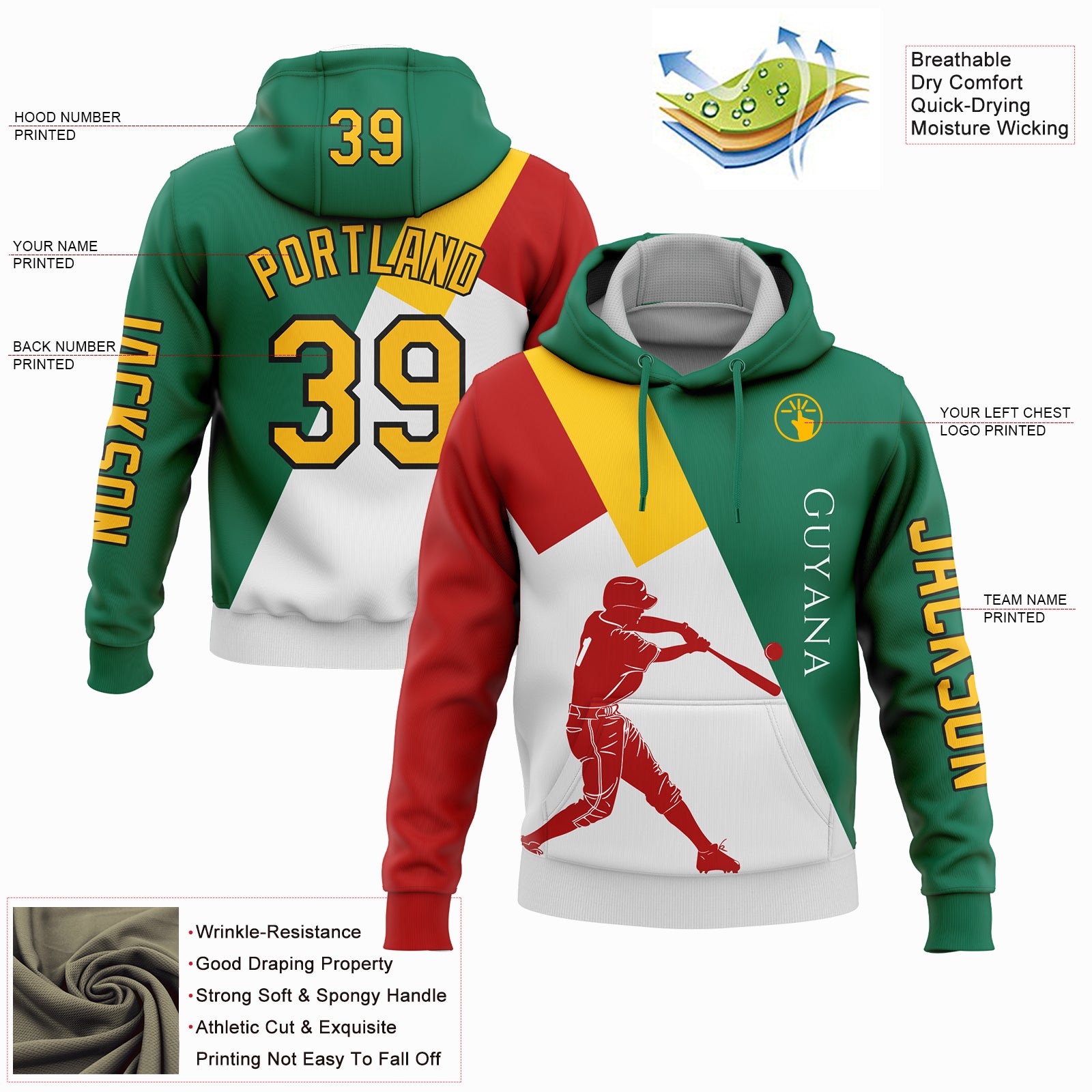 Custom Kelly Green Gold Red-Black 3D Guyana Guyana Flag Sports Pullover Sweatshirt Hoodie