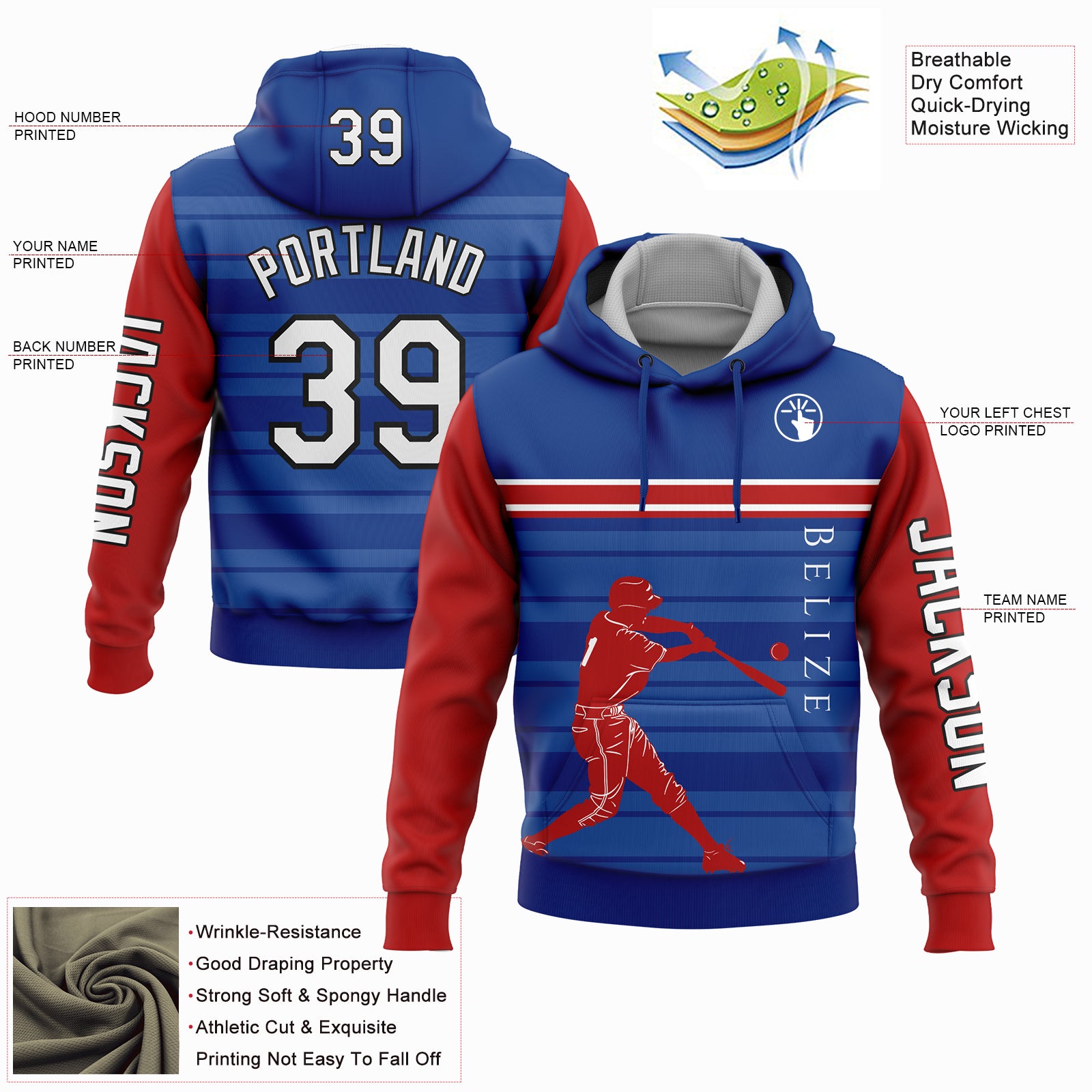 Custom Royal Red-Black 3D Belize Belizean Flag Sports Pullover Sweatshirt Hoodie